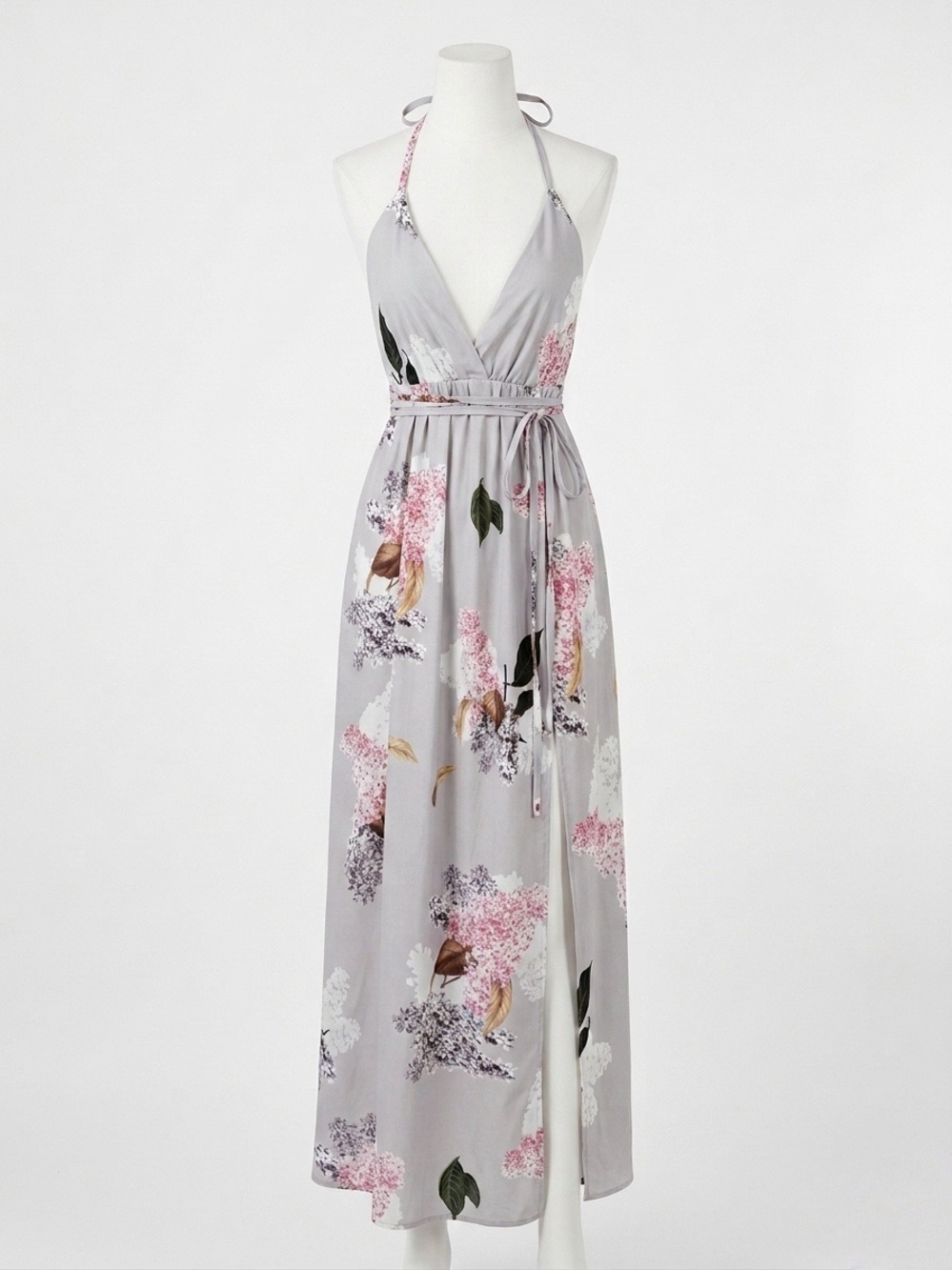 Boutique Halter Floral Maxi Dress in Light Gray / Muted Lilac and Pink Backlesss